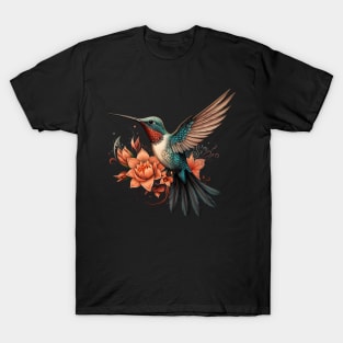 Colorful Hummingbird & Flower Illustration T-Shirt